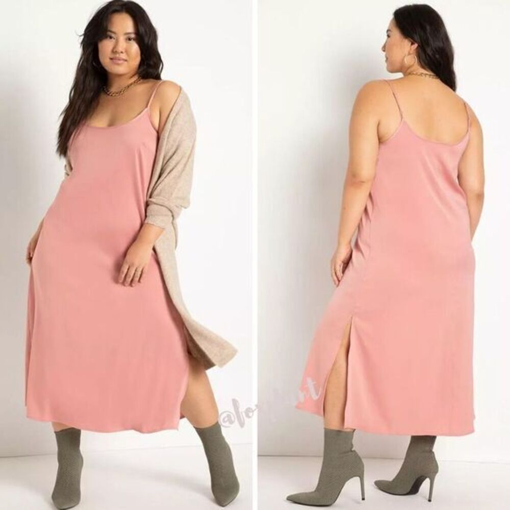 NEW Eloquii Dusty Rose Satin Slip Dress with side‎ slit, women's size 14